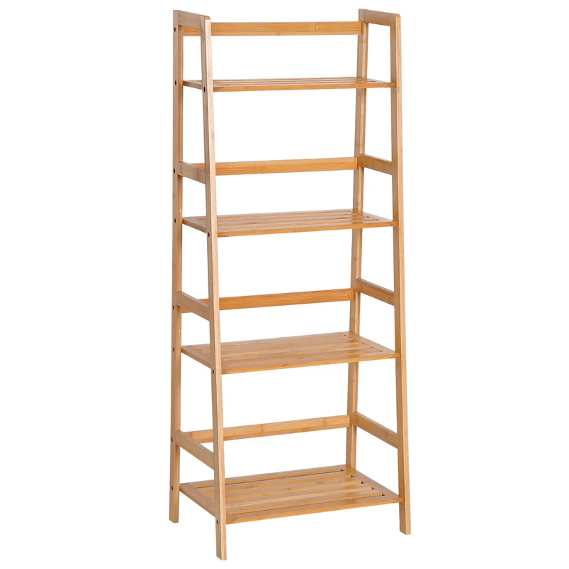 Étagère échelle rangement 48 x 31.5 x 120 cm 4 niveaux sécurisé pour salon salle de bain style naturel en bambou naturel 21_0001734