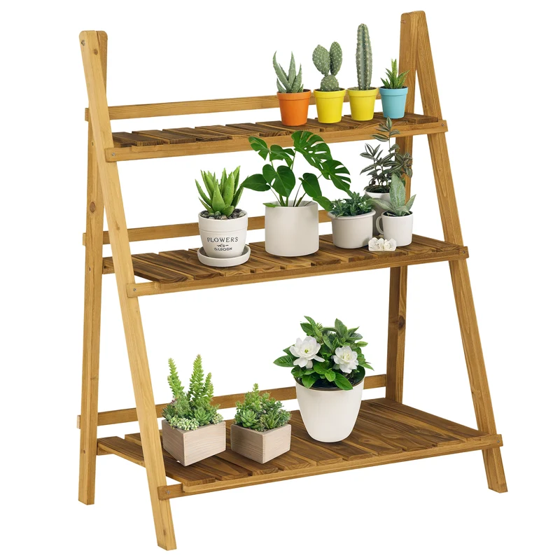 Étagère à plantes pyramide pliable 80 x 37 x 93 cm gain de place drainage optimisé scandinave rustique en bois marron 21_0004063