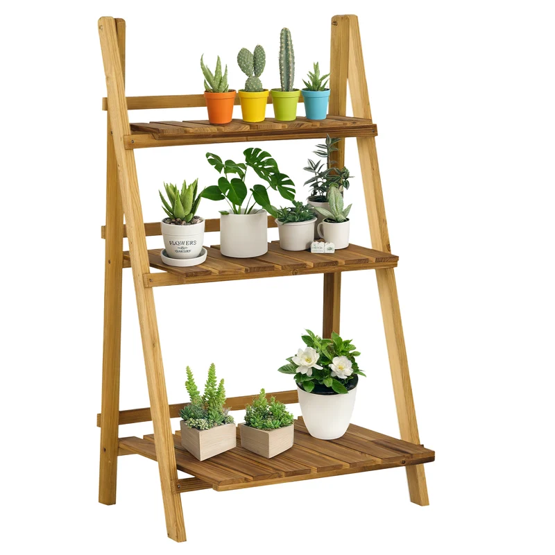 Étagère à plantes pyramidale pliable 60 x 37 x 93 cm aération drainage rustique salon terrasse en bois de sapin marron 21_0004064