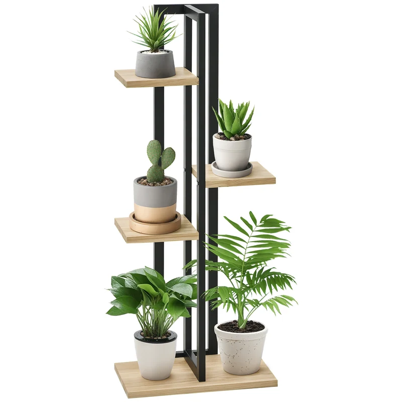 Étagère à plantes escalier 4 niveaux 45 x 25 x 110 cm gain de place hauteurs variées style industriel en bois naturel et acier 21_0004322