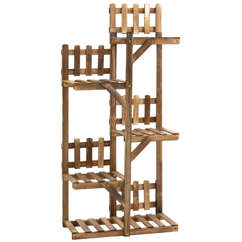 Étagère à fleurs escalier 60 x 30 x 130 cm support cinq tablettes drainage optimisé jardin scandinave en bois naturel 21_0004218