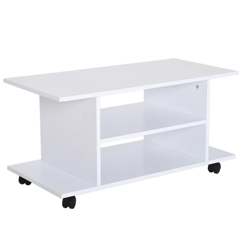 Meuble tv bas à roulettes 80 x 40 x 40 cm double rangement étagère mobilité contemporain en panneaux de particules blanc 21_0000086