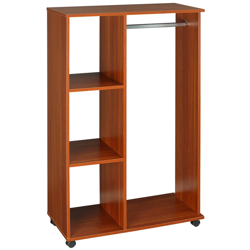 Armoire penderie mobile 80 x 40 x 128 cm étagère 3 casiers roues verrouillables épuré en panneau de particules noyer 21_0000084