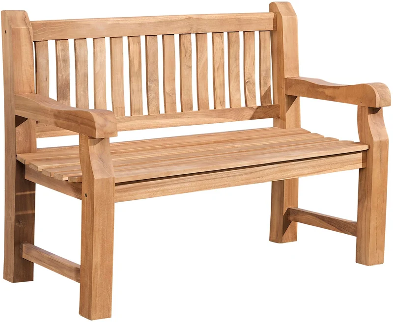 Banc de jardin dossier à lattes droites 120 cm en bois de teck avec accoudoirs 10_0007970