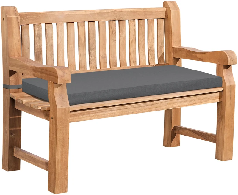 Banc de jardin dossier à lattes droites 120 cm en bois de teck avec accoudoirs et coussin d'assise gris foncé 10_0007969