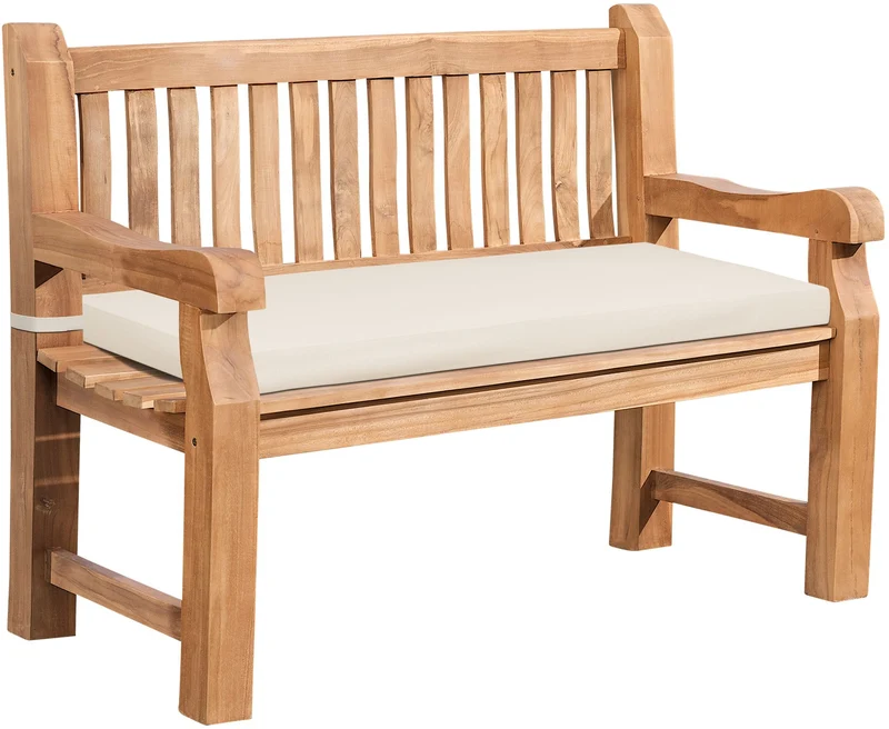 Banc de jardin dossier à lattes droites 120 cm en bois de teck avec accoudoirs et coussin d'assise crème 10_0007968