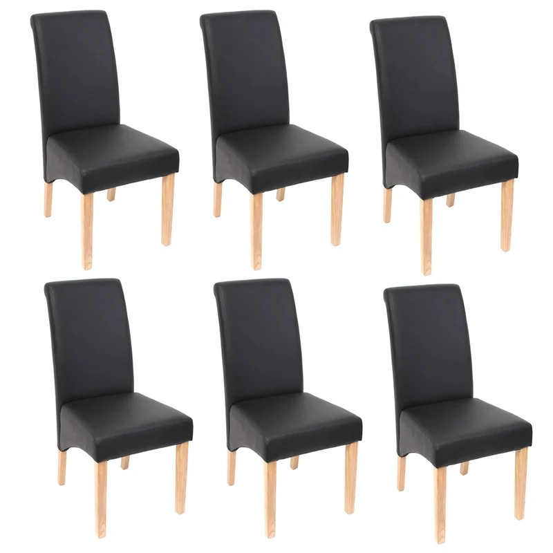 Lot de 6 chaises de salle à manger coins et bords arrondis PVC noir mat pieds en bois clairs 04_0000741