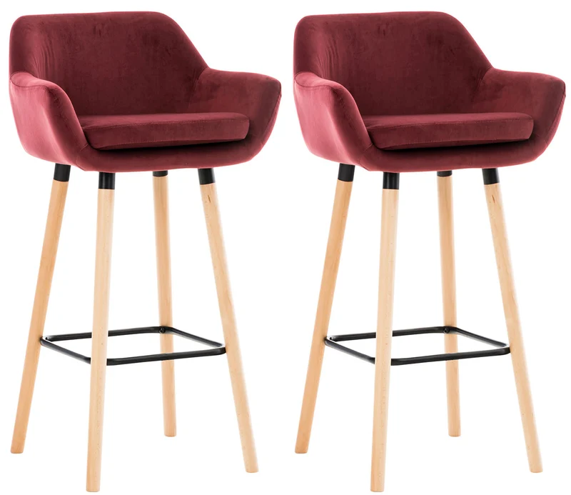 Lot de 2 tabourets de bar en velours rouge pieds en bois avec repose-pieds et accoudoirs style rétro moderne 10_0000689