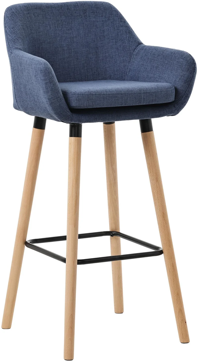 Tabouret de bar lounge x1 design scandinave assise en tissu bleu foncé pieds en bois repose-pieds en métal 10_0004918