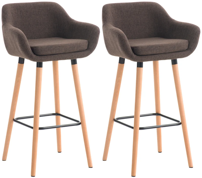 Lot de 2 tabourets de bar lounge design scandinave assise en tissu marron pieds en bois repose-pieds en métal 10_0004171