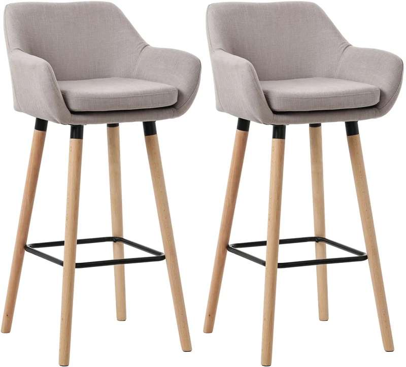Lot de 2 tabourets de bar lounge design scandinave assise en tissu taupe pieds en bois repose-pieds en métal 10_0004173