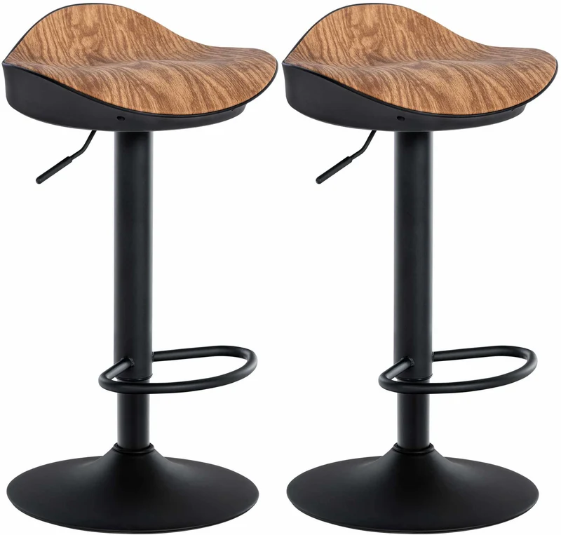 Lot de 2 tabourets de bar forme ergonomique en PVC couleur bois et pieds en métal noir 10_0004015