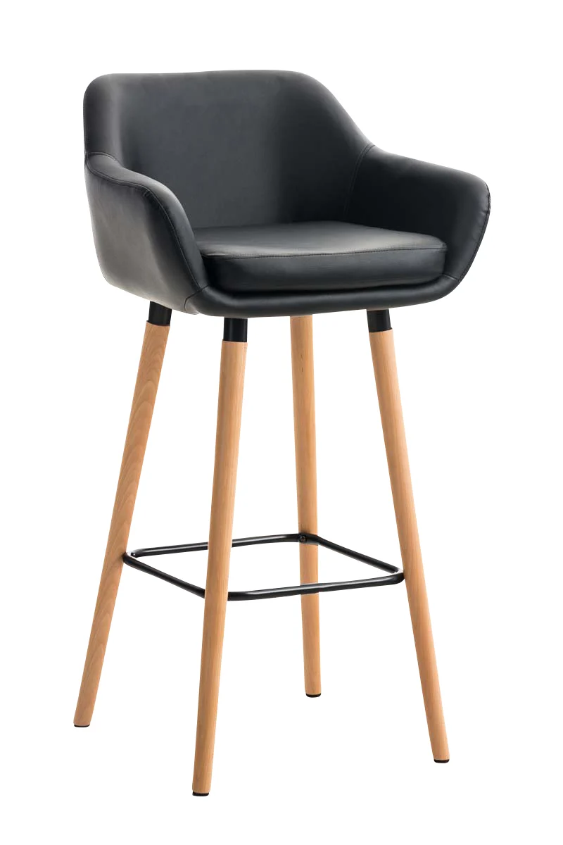 Tabouret de bar lounge x1 design scandinave assise en PVC noir pieds en bois repose-pieds en métal 10_0004908
