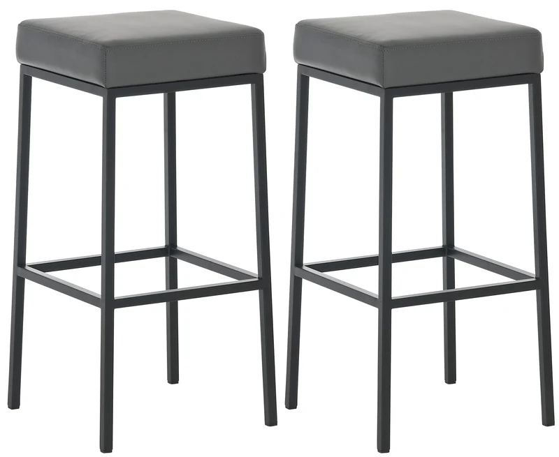 Lot de 2 tabourets de bar avec repose-pieds design simple hauteur 85 cm en PVC gris et métal noir 10_0004377