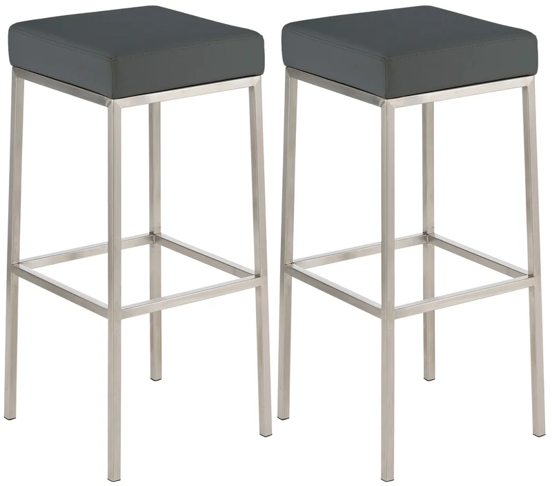 Lot de 2 tabourets de bar avec repose-pieds design simple hauteur 85 cm en PVC gris et acier inoxydable 10_0004375