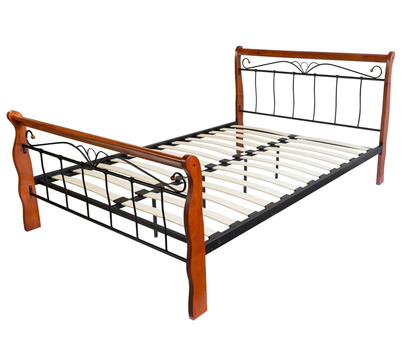 Lit adulte 2 personnes en métal et bois 160 x 200cm avec sommier à lattes LIT06024