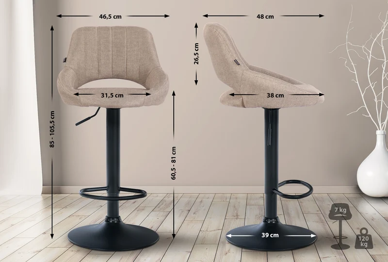 Lot de 2 tabourets de bar réglables en tissu taupe dossier ajouré et pied métal noir 10_0005581