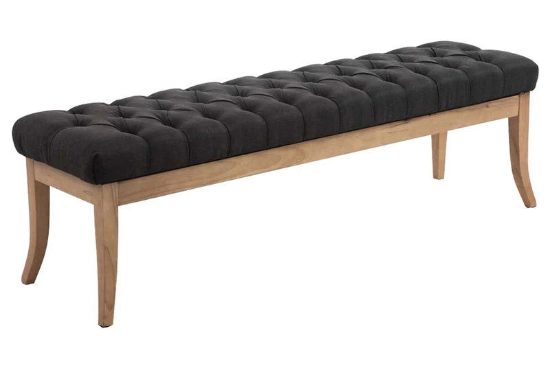 Banc design Chesterfield 150 cm avec coutures décoratives tissu gris foncé piétement en bois clair 10_0003699
