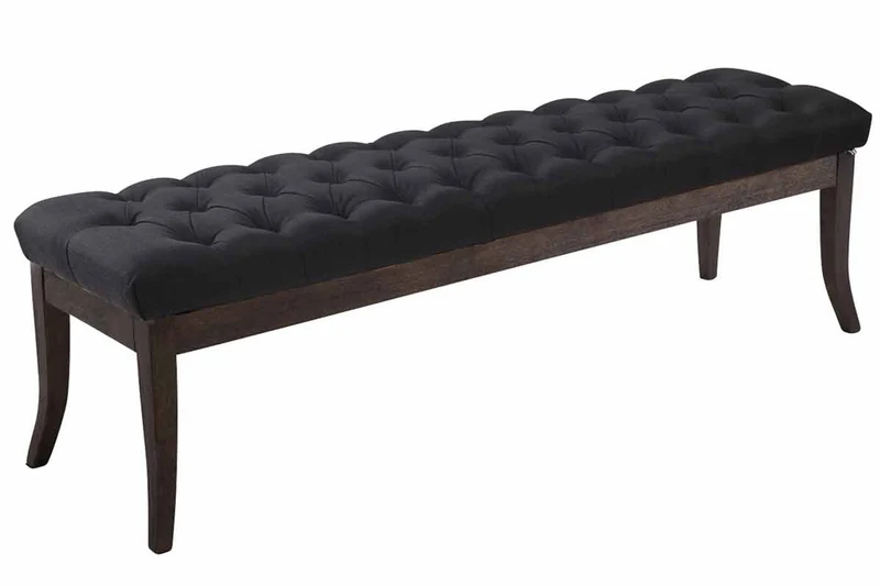 Banc avec assise en tissu noir rembourrée capitonné 150 cm style Chesterfield pieds bois foncé BAN10068
