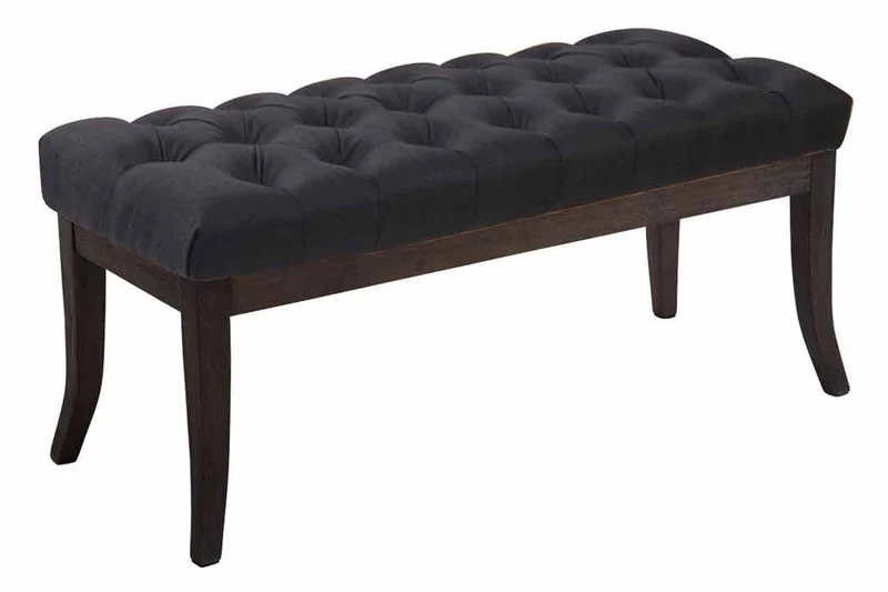 Banc avec assise en tissu noir rembourrée capitonné 100 cm style Chesterfield pieds bois foncé BAN10054