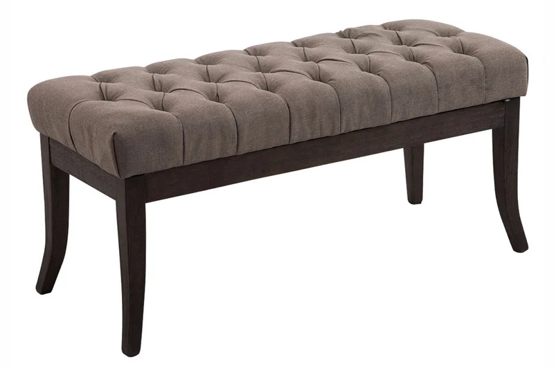 Banc design Chesterfield 100 cm avec coutures décoratives tissu taupe piétement en bois foncé 10_0003685