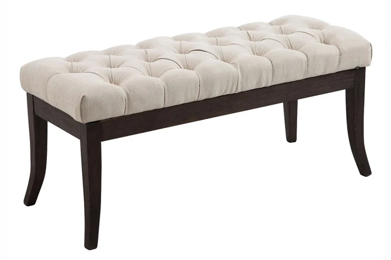 Banc design Chesterfield 100 cm avec coutures décoratives tissu crème piétement en bois foncé 10_0003682