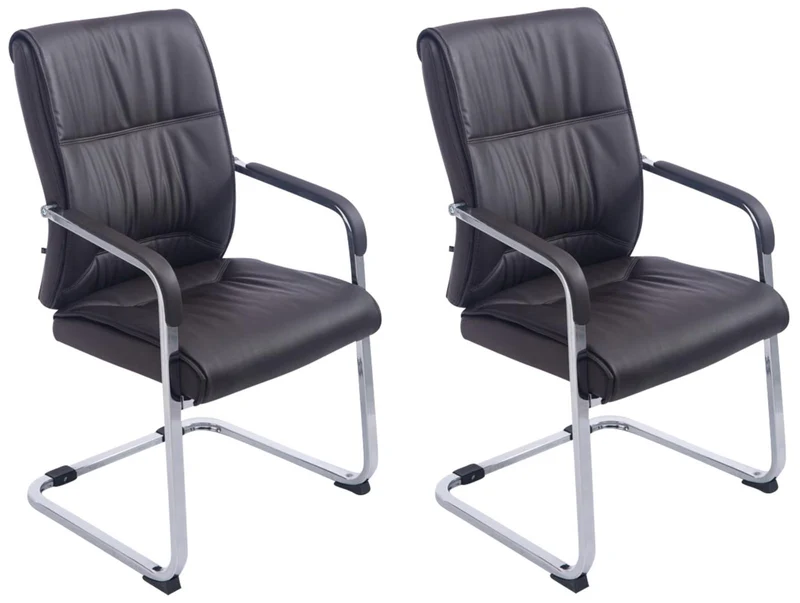 Lot de 2 fauteuils de bureau sans roulettes XXL jusqu'à 260 kg en PVC marron et métal chromé 10_0002351