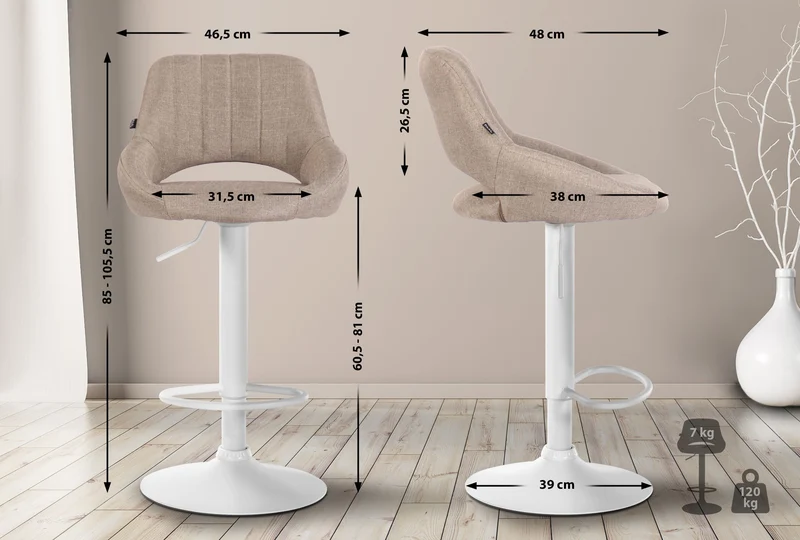 Lot de 2 tabourets de bar réglables en tissu taupe dossier ajouré et pied métal blanc 10_0005582