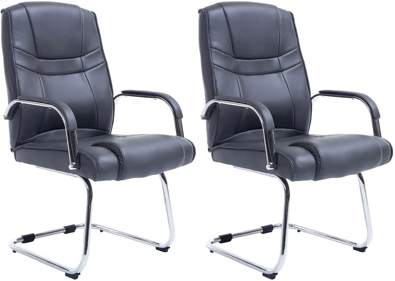 Lot de 2 fauteuils de bureau sans roulettes accoudoirs chaise visiteur charge maximale 180 kg en similicuir gris cadre en métal 10_0008592