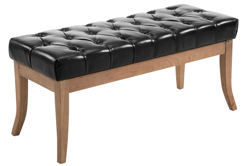 Banc design Chesterfield 100 cm avec coutures décoratives PVC noir piétement en bois clair 10_0003677