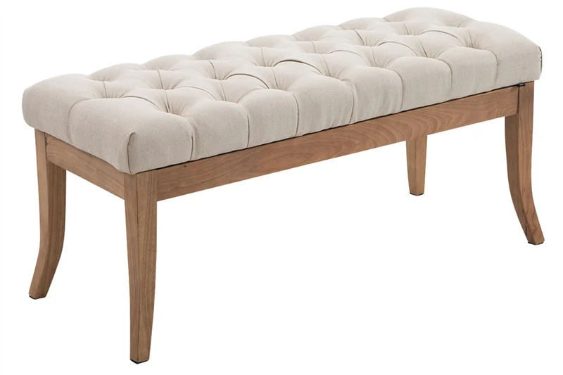 Banc design Chesterfield 100 cm avec coutures décoratives tissu crème piétement en bois clair 10_0003690