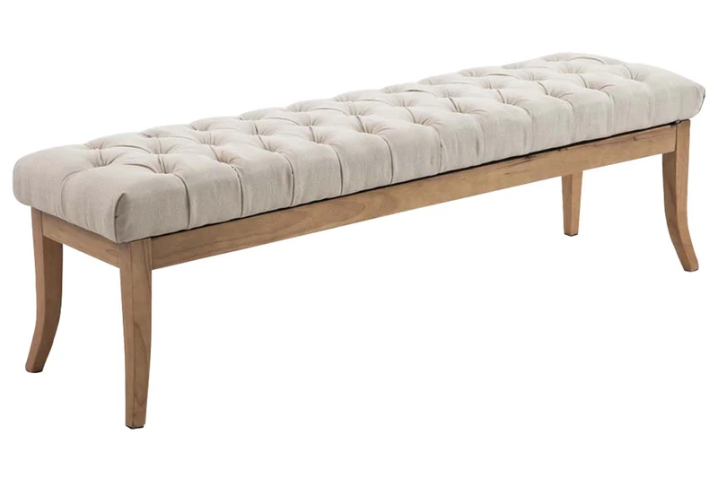 Banc design Chesterfield 150 cm avec coutures décoratives tissu crème piétement en bois clair 10_0003698