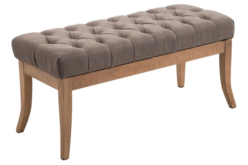 Banc design Chesterfield 100 cm avec coutures décoratives tissu taupe piétement en bois clair 10_0003693