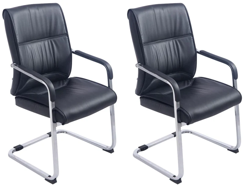 Lot de 2 fauteuils de bureau sans roulettes XXL jusqu'à 260 kg en PVC noir et métal chromé 10_0006974