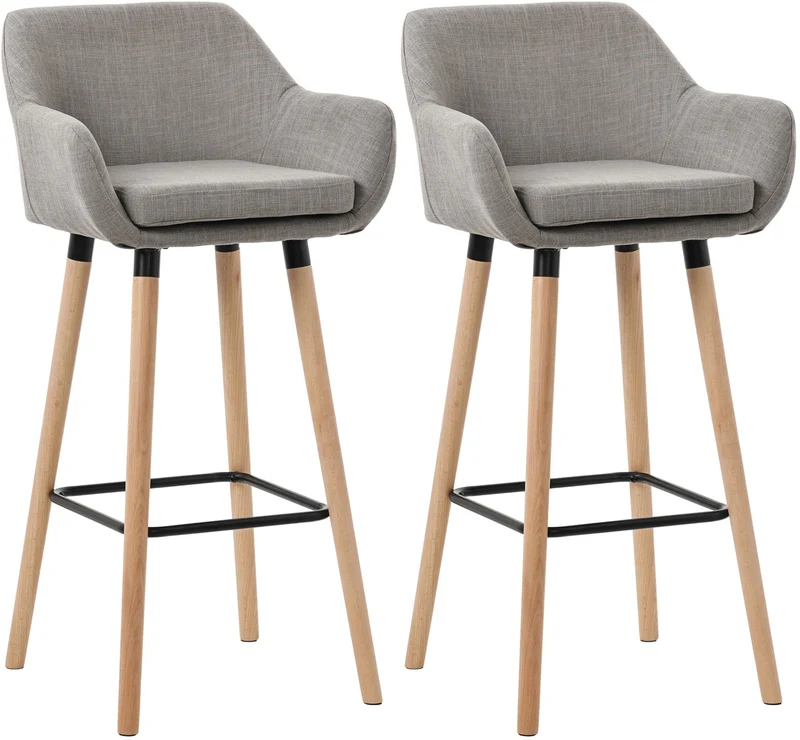 Lot de 2 tabourets de bar lounge design scandinave assise en tissu gris pieds en bois repose-pieds en métal 10_0004174