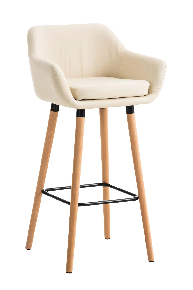 Tabouret de bar x1 design scandinave en PVC crème cadre en bois repose-pieds en métal 10_0006151