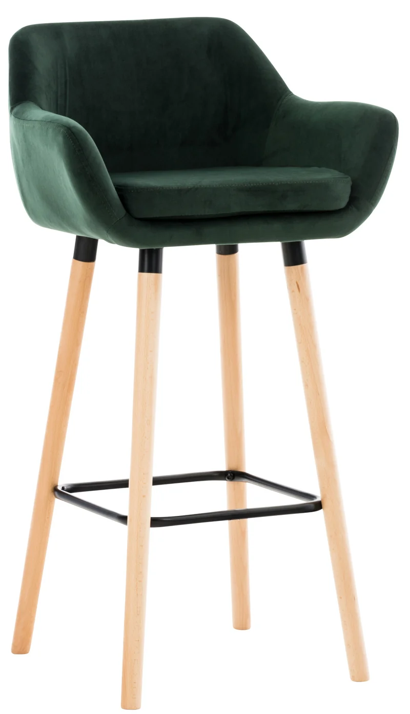 Tabouret de bar lounge x1 design scandinave assise en velours vert pieds en bois repose-pieds en métal 10_0004911