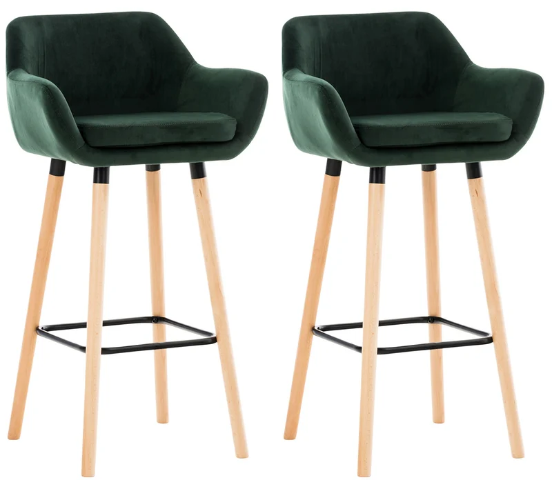 Lot de 2 tabourets de bar en velours vert pieds en bois avec repose-pieds et accoudoirs style rétro moderne 10_0000319