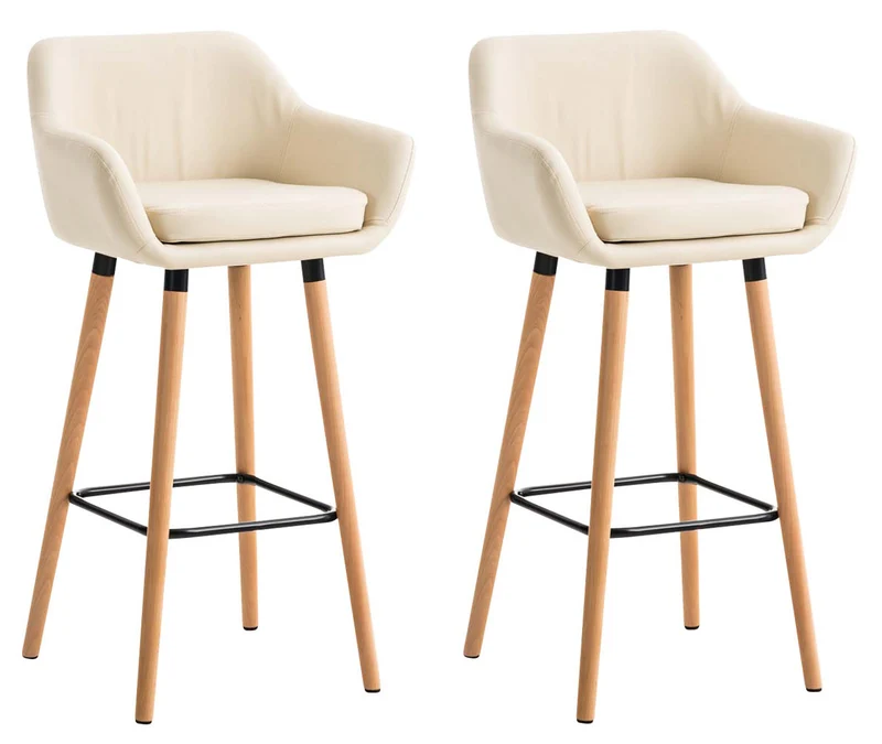 Lot de 2 tabourets de bar chaise haute design scandinave accoudoirs et repose-pied synthétique crème 10_0001004