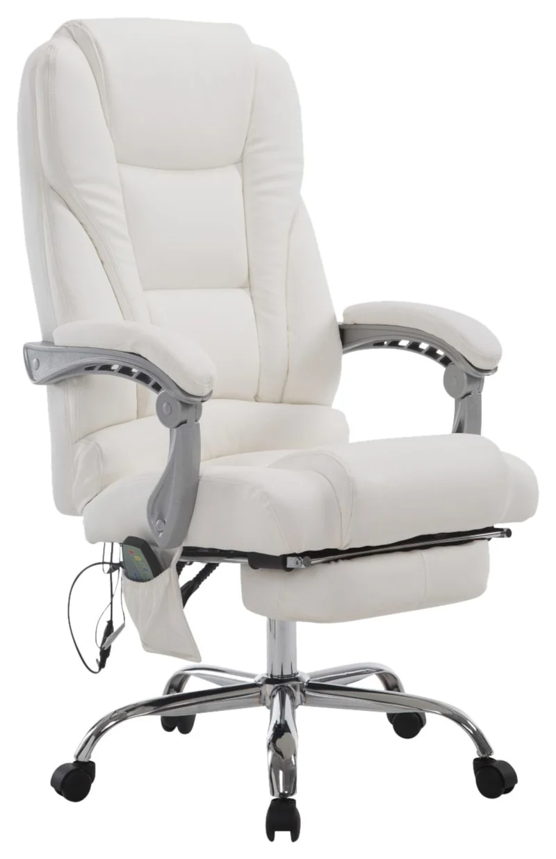 Fauteuil de bureau ergonomique fonction massage avec repose-pieds extensible accoudoirs en PVC blanc et métal 10_0006978