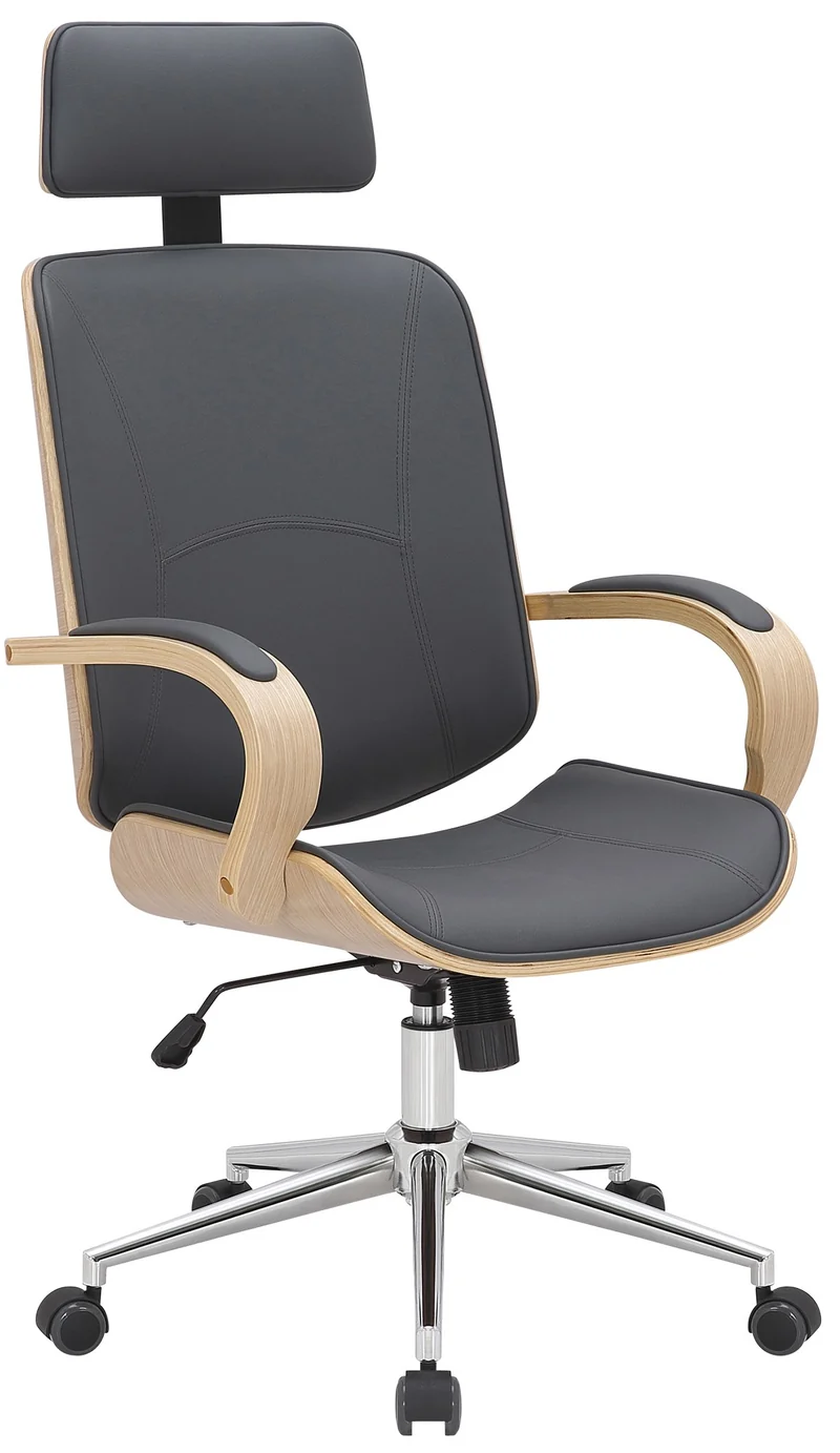 Fauteuil de bureau rétro-chic – Confort et style intemporel assise en PVC gris cadre en métal et bois couleur bois 10_0006980