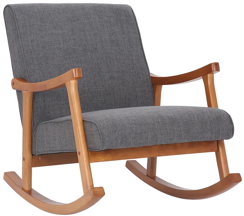 Fauteuil à bascule style rocking chair en tissu gris clair et pied en bois FAB10065
