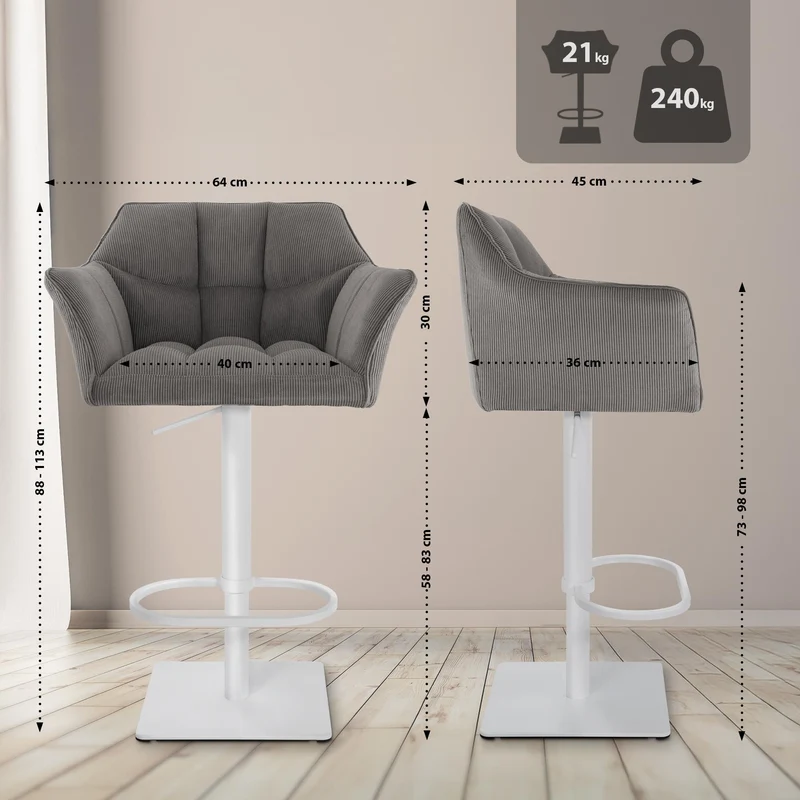 Tabouret de bar x1 réglable en velours côtelé taupe assise enveloppante capitonnée avec base carrée en métal blanc 10_0006304
