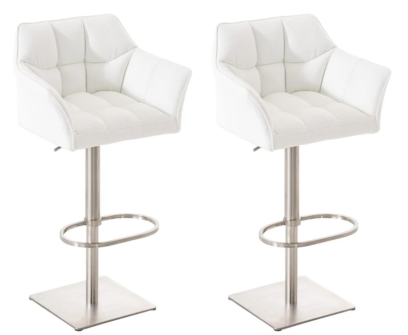 Lot de 2 tabourets de bar réglable en similicuir blanc assise enveloppante capitonnée avec base carrée en acier inoxydable 10_0006639