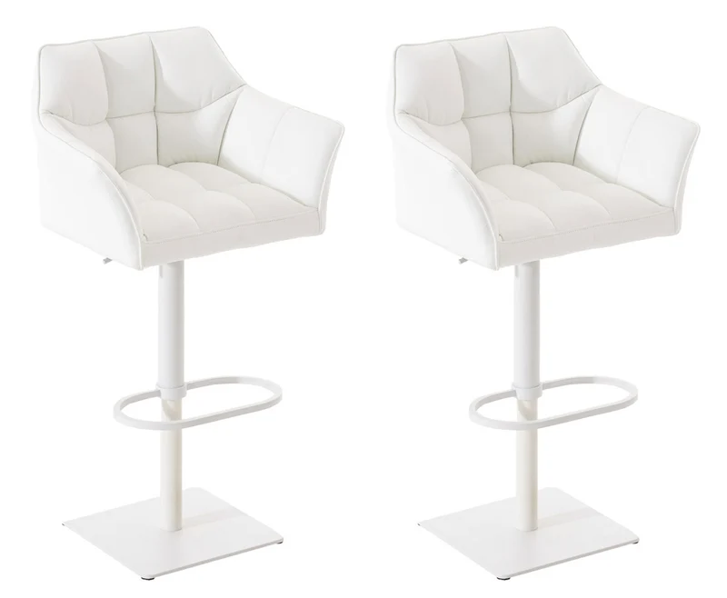 Lot de 2 tabourets de bar réglable en similicuir blanc assise enveloppante capitonnée avec base carrée en métal blanc 10_0006641