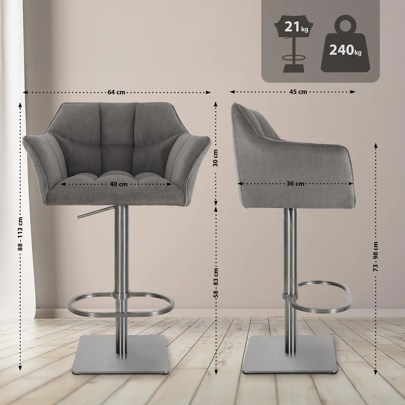 Tabouret de bar x1 réglable en velours côtelé taupe assise enveloppante capitonnée et avec base carrée en acier inoxydable 10_0006286