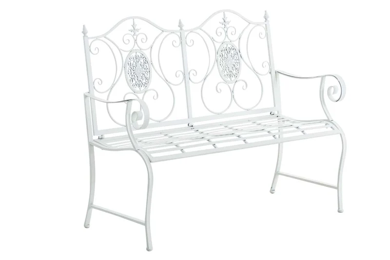 Banc de jardin balcon terrasse style rustique largeur 116 cm en métal blanc 10_0002928
