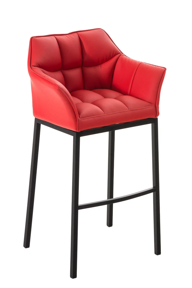 Tabouret de bar chaise haute de comptoir couture carrées assise en PVC rouge 4 pieds stables en métal noir 10_0001172