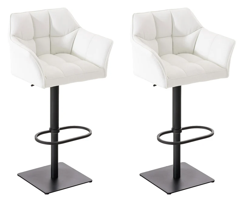 Lot de 2 tabourets de bar réglable en similicuir blanc assise enveloppante capitonnée avec base carrée en métal noir 10_0006640
