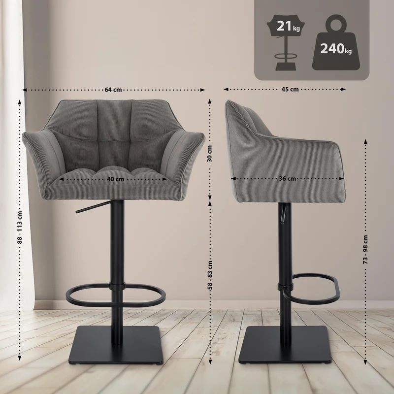 Tabouret de bar x1 réglable en velours côtelé taupe assise enveloppante capitonnée et avec base carrée en métal noir 10_0006284